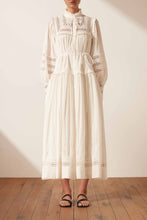 Load image into Gallery viewer, LUCIA BALLOON SLEEVE FRILL MIDI DRESS
