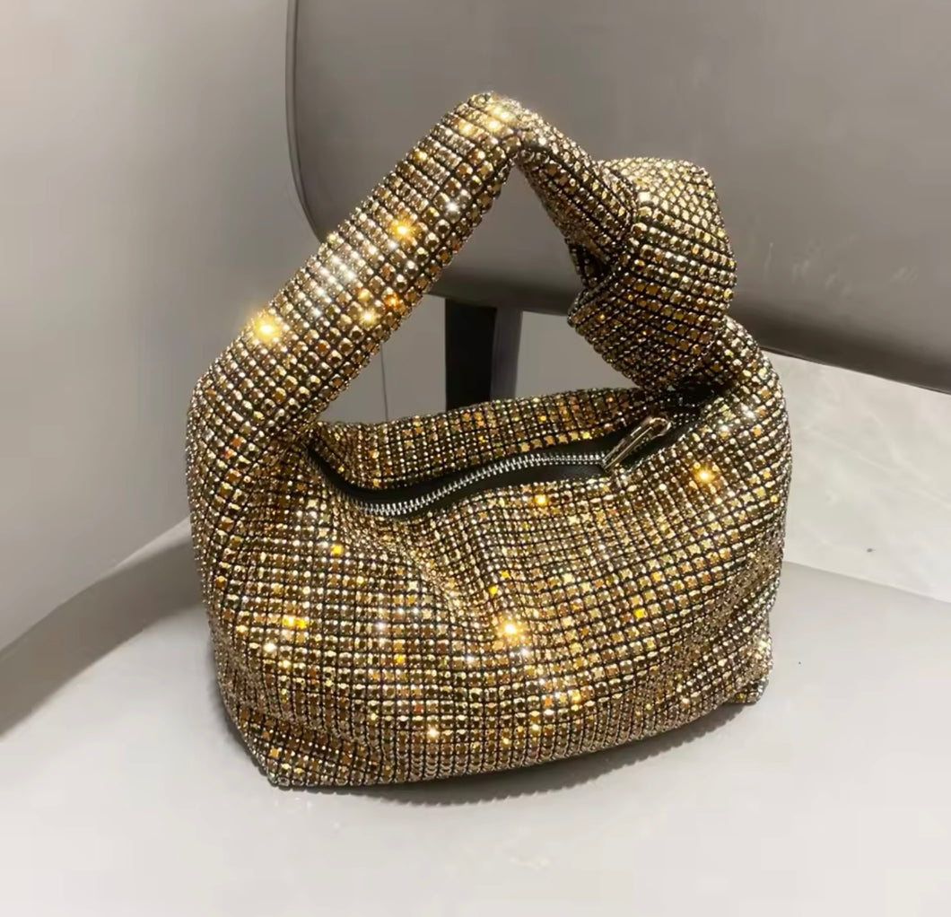 RHINESTONE KNOT EVENING BAG GOLD