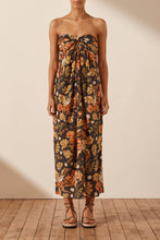 Load image into Gallery viewer, OKALA SILK STRAPLESS KNOT MIDI DRESS
